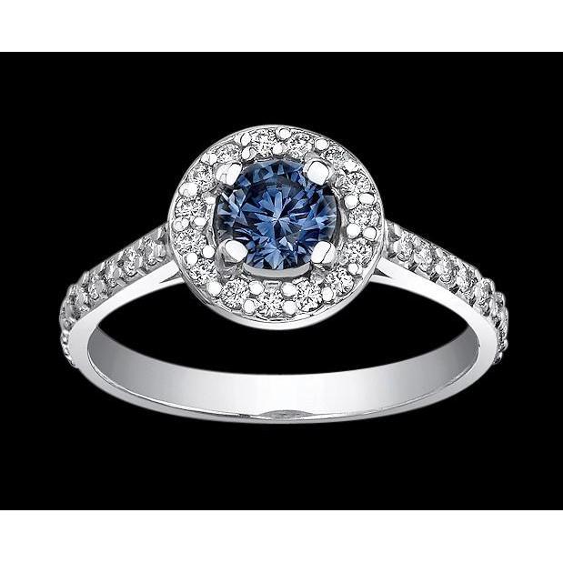 2 carats. Bague Pierre Gemme Diamant Halo Bleu Or Blanc - HarryChadEnt.FR