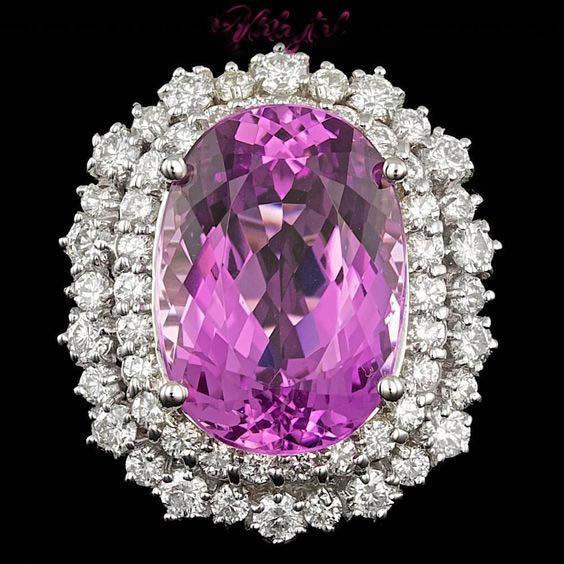 21 carats kunzite rose naturel & bague diamant or blanc 14k bijoux