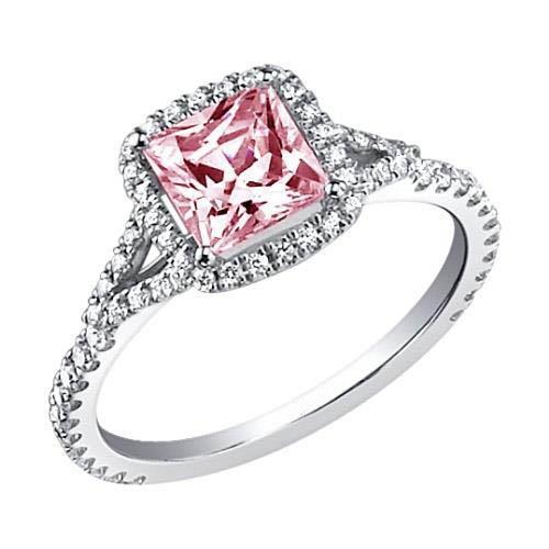 2.15 carats. Bague en pierre gemme WG princesse halo rose saphir - HarryChadEnt.FR