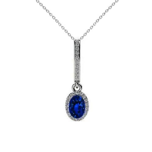 2.15 carats. Collier Halo Diamant Pendentif Saphir Ovale Bleu - HarryChadEnt.FR