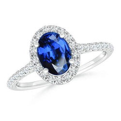 2.25 Carats Alliance Saphir Bleu Ovale Et Diamant Or Blanc 14K