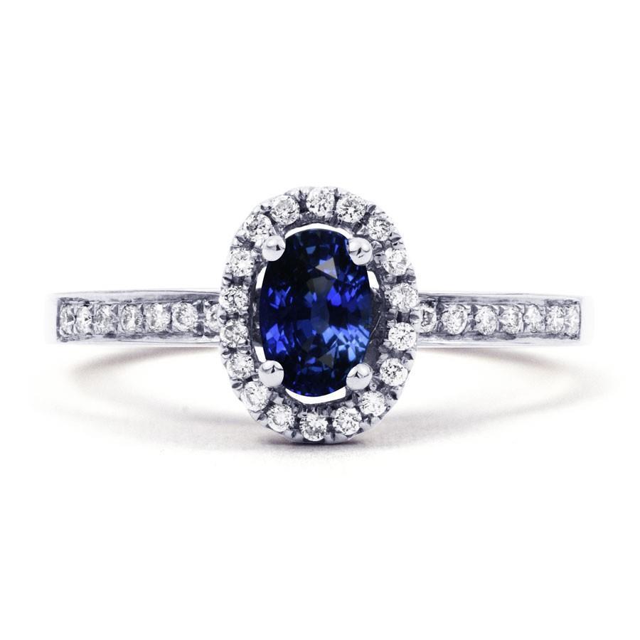 2.50 Carats Bague Saphir Bleu Ceylan Et Diamants Or Blanc 14K - HarryChadEnt.FR