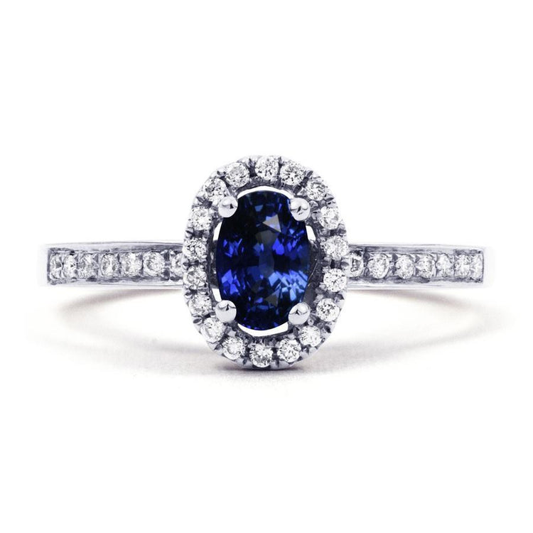 2.50 Carats Bague Saphir Bleu Ceylan Et Diamants Or Blanc 14K - HarryChadEnt.FR