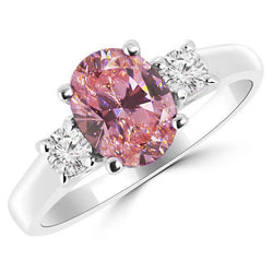 2.50 Carats Bague Saphir Rose Ovale 3 Pierres Or Blanc 14K