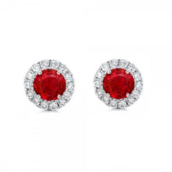 2.50 Carats Boucle D'Oreille Ronde Rubis Rouge Halo Diamant Or Blanc 14K