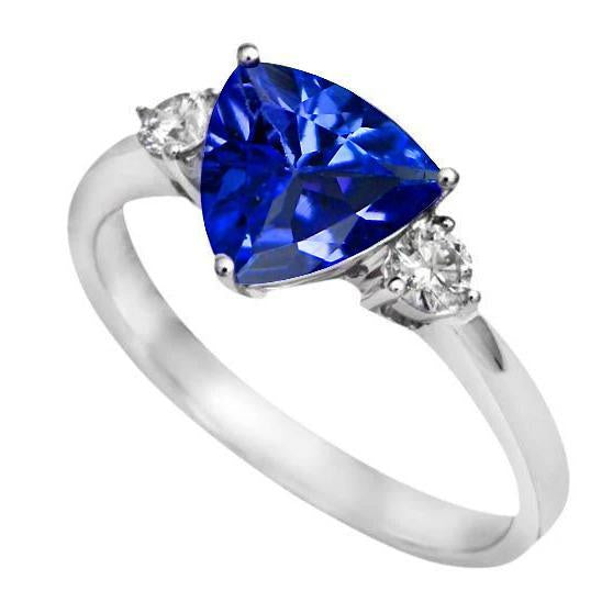 2.51 carats Bague 3 pierres avec trillions de diamants et saphir bleu de Ceylan - HarryChadEnt.FR