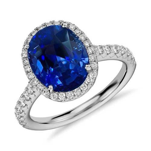 2.90 carats saphir bleu ovale et bague de fiançailles diamant rond WG 14K - HarryChadEnt.FR