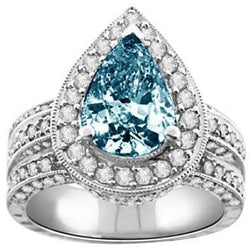3 carats. Bague Poire Bleue & Diamants Ronds Blancs Or Blanc 14K Pierres Précieuses