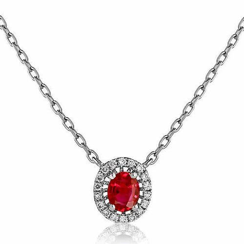 3 carats. Collier Pendentif Rubis Ovale Avec Diamants Ronds Or Blanc 14K - HarryChadEnt.FR