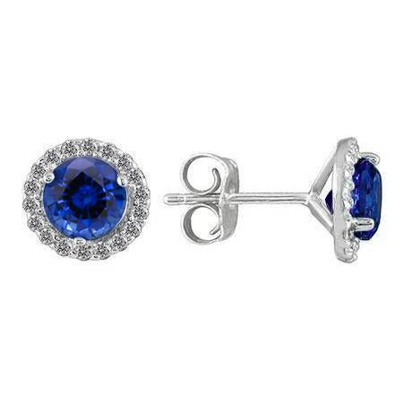 3.36 Carats Boucles d'Oreilles en Diamant Halo Saphir Bleu Or Blanc 14K - HarryChadEnt.FR