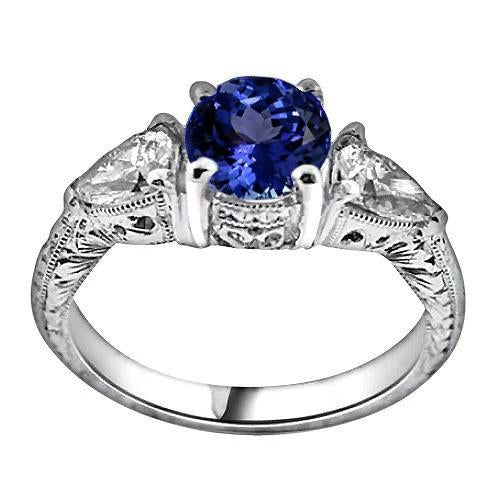 3.50 Carats Bague Ronde Tanzanite Et Trillion De Diamants Bijoux 3 Pierres - HarryChadEnt.FR