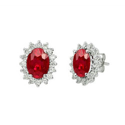 3.50 Carats Boucles D'oreilles Ovales Rubis Rouges Et Diamants Halo Or Blanc 14K