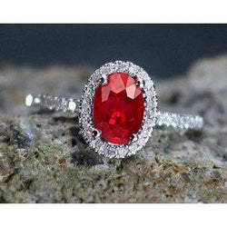 3.65 Ct Halo Red Rubis Et Diamants Bague De Mariage Or Blanc 14K