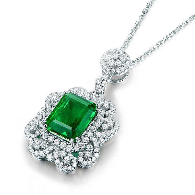 3.85 carats collier pendentif émeraude verte et diamants or blanc 14 carats - HarryChadEnt.FR