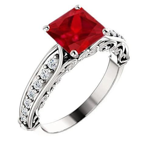 4.40 Carats Bague Princesse Rubis Rouge Et Diamant Étincelant Or 14K - HarryChadEnt.FR