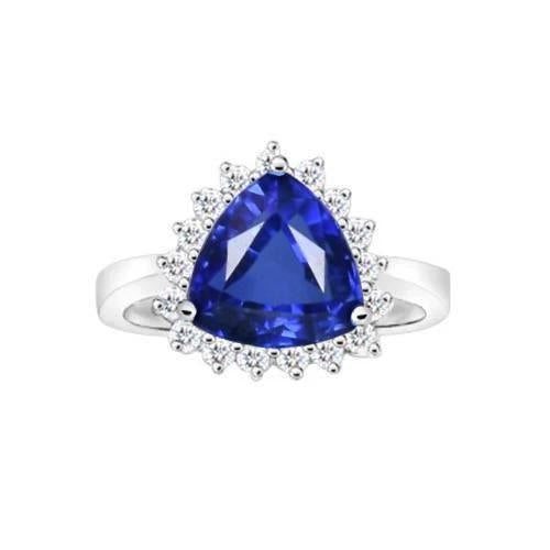 4.60 Carat Trillion Ceylan Saphir Rond Diamants Bague Or Blanc 14K - HarryChadEnt.FR
