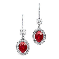 5 Carats Ovale Rubis Rouge Avec Diamant Boucle D'Oreille Pendante Or Blanc 14K