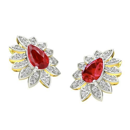 5.40 Carats Boucles D'oreilles Puces Rubis Et Diamants Or Jaune 14K - HarryChadEnt.FR