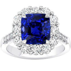 5.50 Carats Halo Cushion Bague Saphir Bleu Foncé & Bijoux Diamant