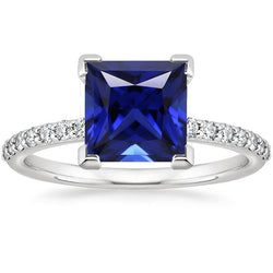 5.50 Carats Solitaire Princesse Bleu Saphir Avec Accents Pavé Serti