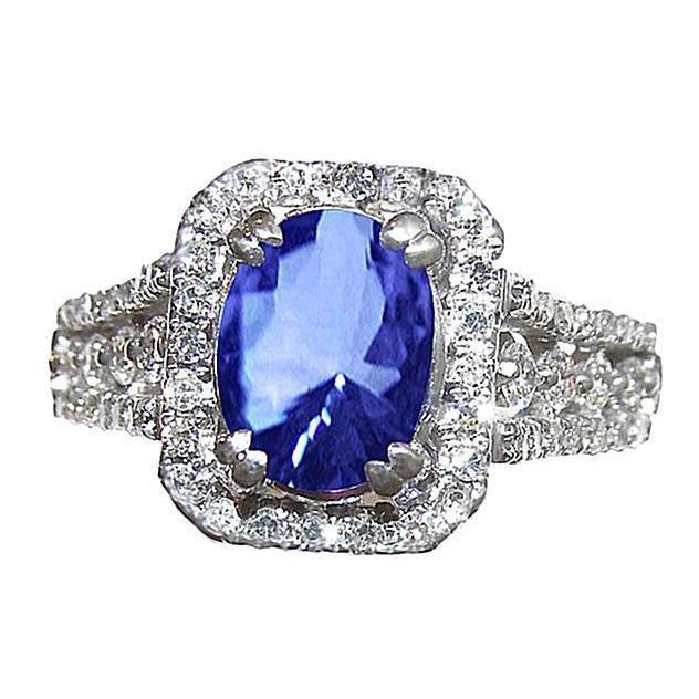 5.71 ct. Bague ovale saphir du Sri Lanka et diamants ronds en or blanc 14K - HarryChadEnt.FR