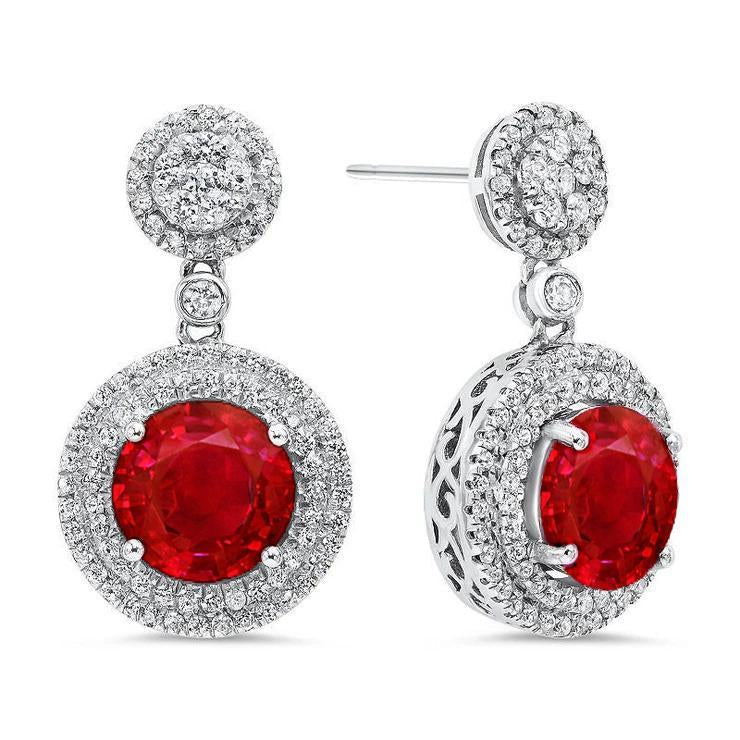 5.82 carats rubis taille ronde avec diamants boucles d'oreilles pendantes or blanc - HarryChadEnt.FR