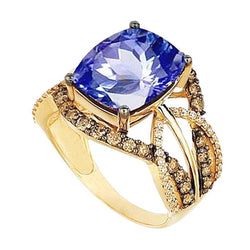 6.01 ct. Coussin Sri Lanka Saphir Bleu Et Diamants Or Jaune 14K