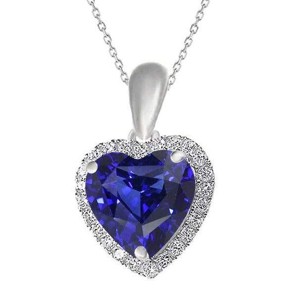 6.50 quilates Halo Diamant Pendentif Coeur Saphir Bleu Bijoux Or