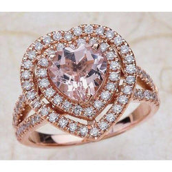 7 carats. Pierres précieuses roses taillées en cœur avec bague en diamants à double halo Rose 14K