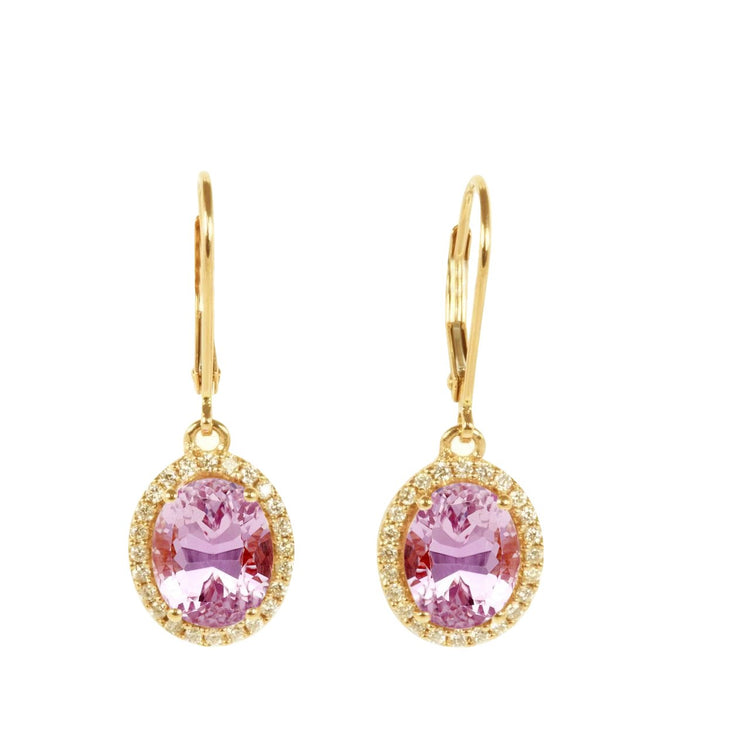 9 carats. Kunzite rose ovale avec boucle d'oreille pendante diamant or jaune 14K - HarryChadEnt.FR