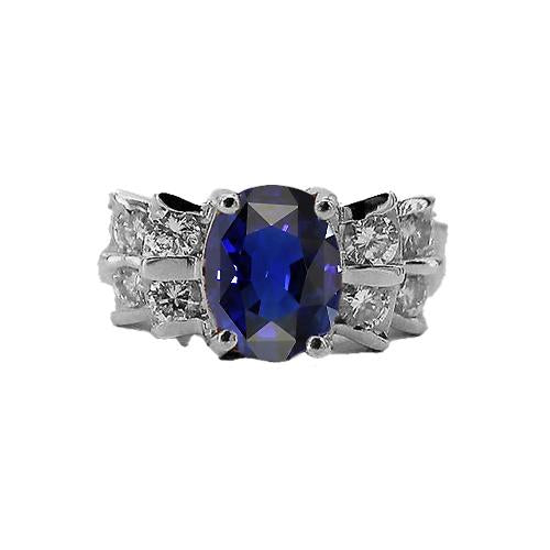 alliance femme saphir bleu ovale 2.50 carats barre serti diamants