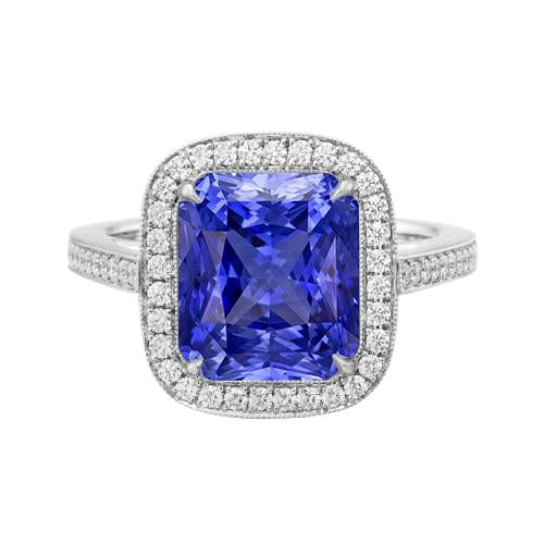 alliance halo saphir bleu radiant 3.50 carats accents de diamants