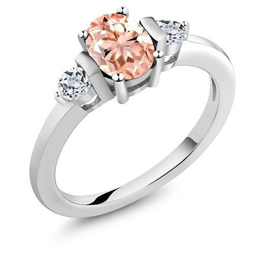 alliance morganite et diamants 9 carats 3 pierres or blanc 14k