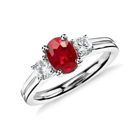 alliance trois pierres rubis 3.50 carats et diamants wg 14k