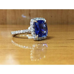 Bague 3 Ct Coussin Sri Lanka Saphir Bleu Et Halo Diamant