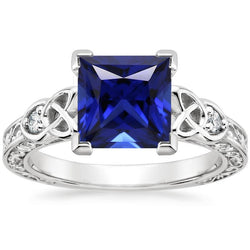 Bague 3 Pierres 5.25 Carats Filigrane Princesse Saphir Bleu & Diamant Neuf