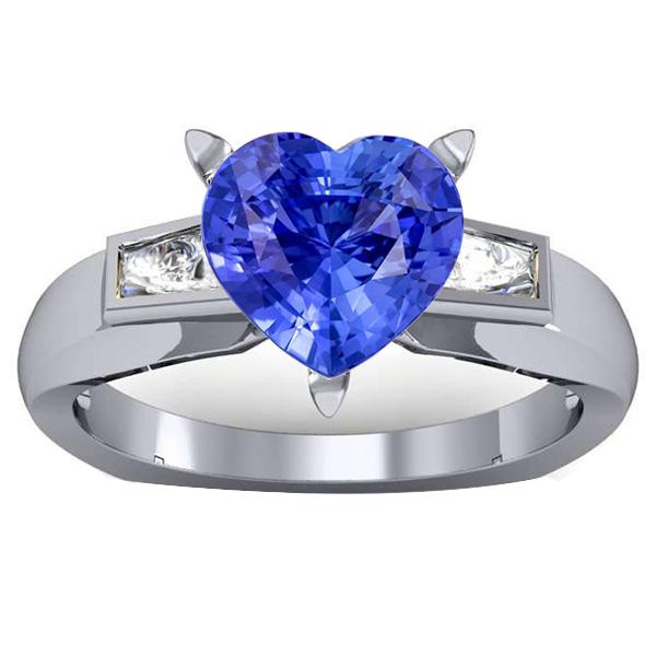 bague 3 pierres baguette diamant & saphir bleu en forme de coeur 2.75 carats