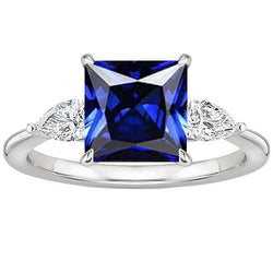 Bague 3 Pierres Diamant Naturel Princesse Ceylan Saphir & Poire 4 Carats