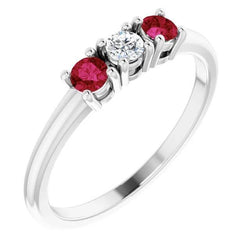 Bague 3 Pierres Diamant Rond Rubis 0.60 Carats Or Blanc 14K