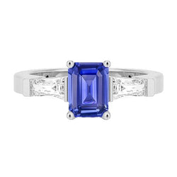 Bague 3 Pierres Diamants Baguette Saphir Bleu Taille Émeraude 1.75 Carats