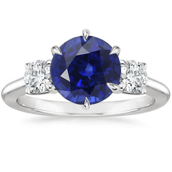 Bague 3 Pierres Diamants Ronds Saphir Bleu Foncé Serti 3.50 Carats