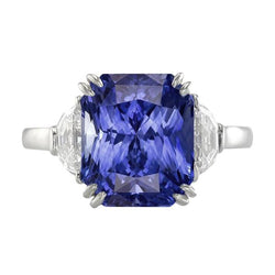 Bague 3 Pierres Double Griffe Saphir Radiant 4 Carats Diamants Demi Lune