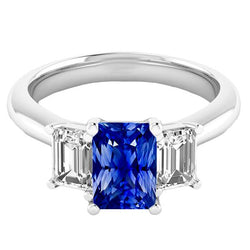 Bague 3 Pierres Émeraude Diamants & Radiant Saphir Bleu Profond 2.50 Carats