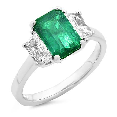 Bague 3 Pierres Emeraude Verte 2.50 Carats Et Diamant Or Blanc 14K - HarryChadEnt.FR