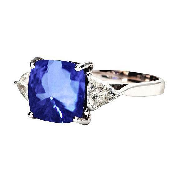 bague 3 pierres or blanc coussin ceylan saphir bleu diamant 3 carats