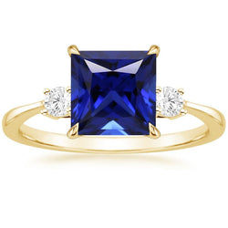 Bague 3 Pierres Or Jaune Princesse Saphir Bleu & Diamants 5.25 Carats