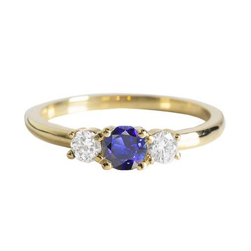bague 3 pierres or jaune saphir bleu rond & diamants 1.50 carats