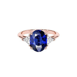 Bague 3 Pierres Or Rose Saphir Bleu Ovale & Diamant 8.25 Carats