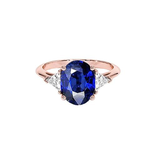 Bague 3 Pierres Or Rose Saphir Bleu Ovale & Diamant 8.25 Carats - HarryChadEnt.FR