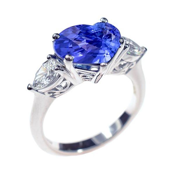 bague 3 pierres poire diamant & coeur saphir bleu bijoux or 3 carats